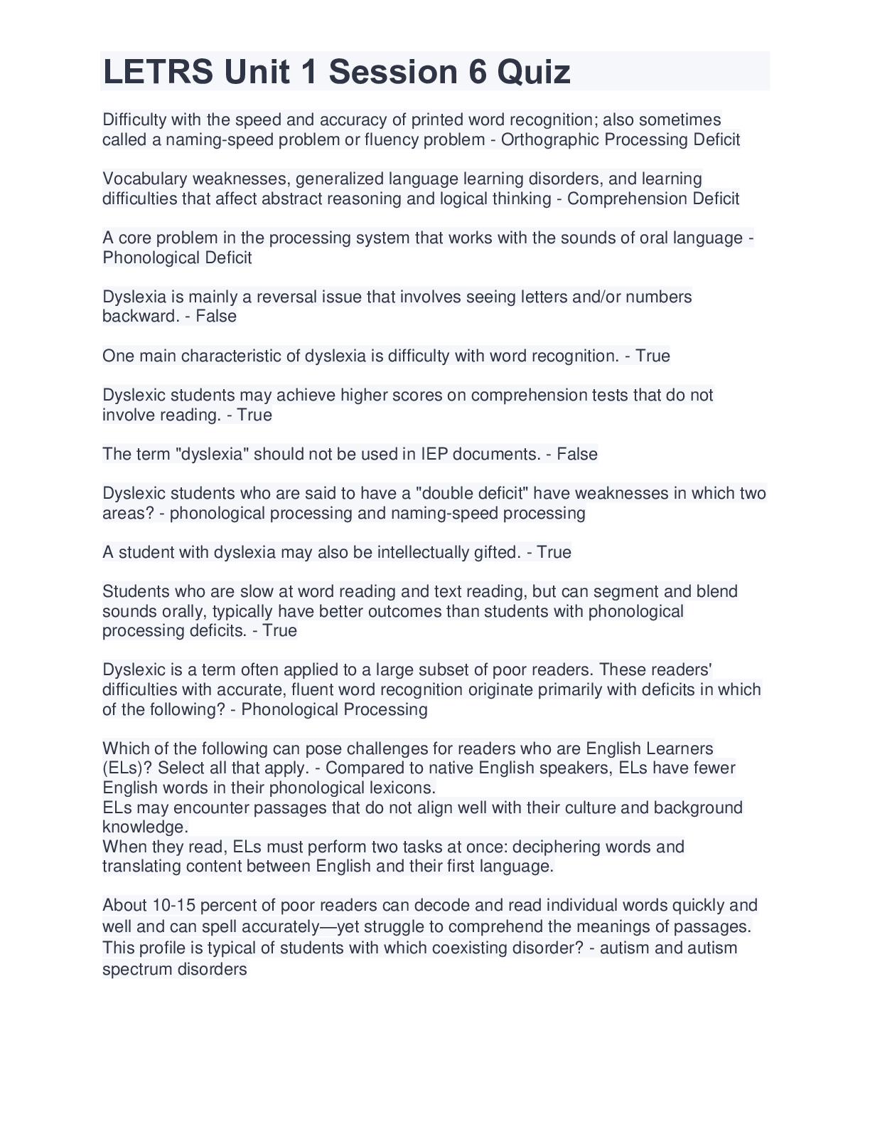 Preview image of LETRS Unit 1 Session 6 Quiz document